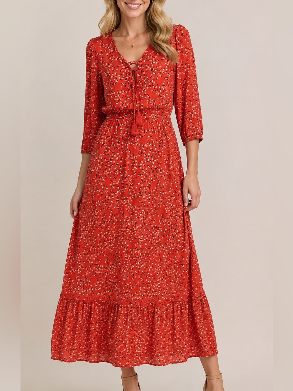 a.n.a Red Floral Maxi Dress Tie Neck 3/4 Sleeve Tiered Boho Small
